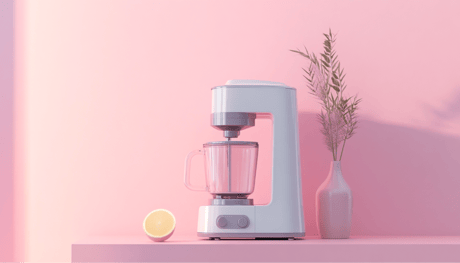 A blender on a pink pastel background.